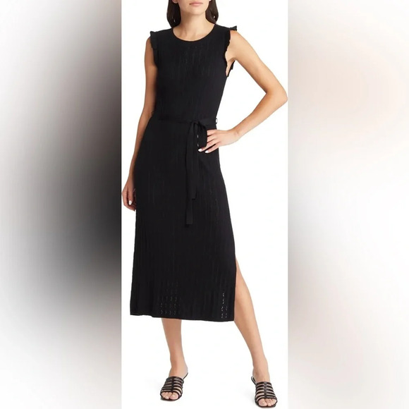 NWT Paige Black Pointelle Knit Sleeveless Midi Dress Size Medium - Picture 1 of 11